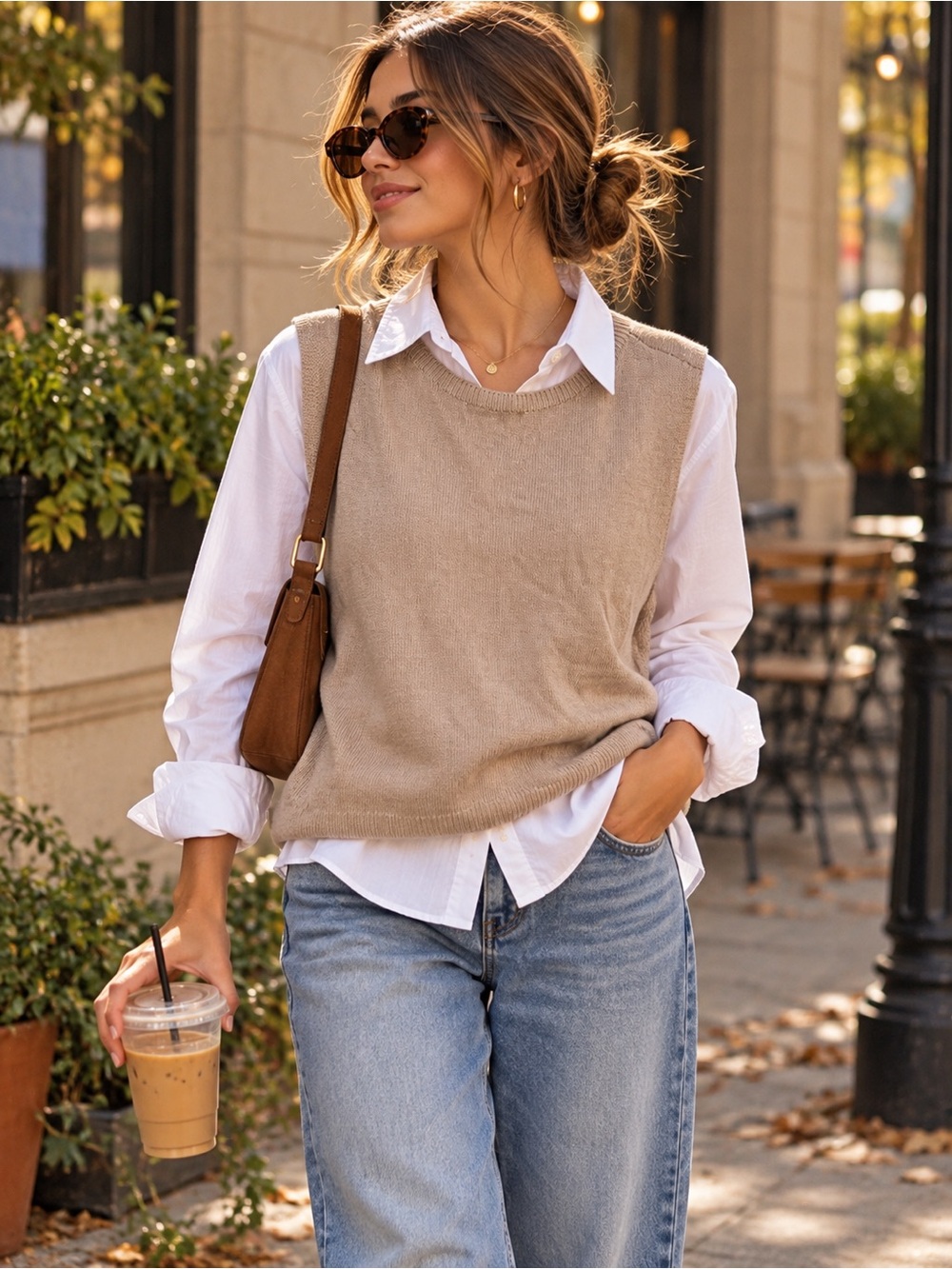 Women's Beige Knit Sweater Vest - Casual Layering Sweater